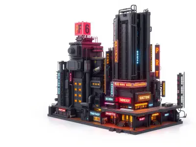 Cyberpunk Skyscraper Neon Signs Night Scene Low-poly 3D model