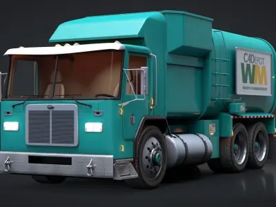 Garbage Truck and Trash Can Rigged C4D Low-poly 3D model