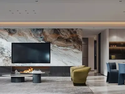 Modern luxury living and dining room interior 3D model
