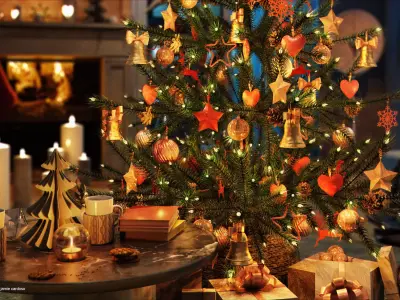Christmas  scene with decorations tree present light gifts  3D model