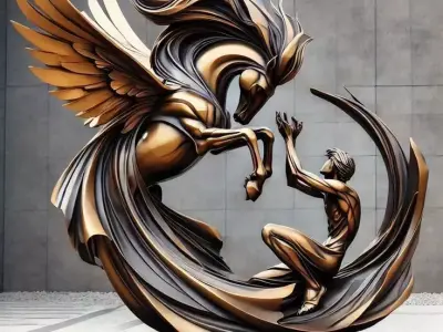 Golden Winged Horse Sculpture Statue Human Figure 3D Low-poly 3D model