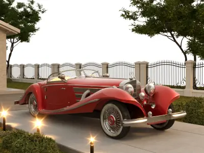 3d scene  luxury house with classic old car 3D model