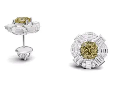 Cushion Colour Stone Stud with Baguette and Round Diamond 3D print model