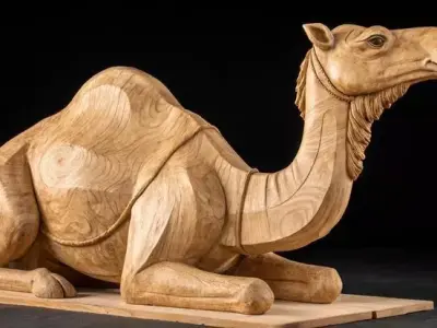 Timber Traveller Hand-Carved Wooden Camel Sculpture Low-poly 3D model