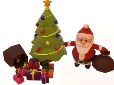 Christmas Tree And Santa with Presents Low-poly 3D model