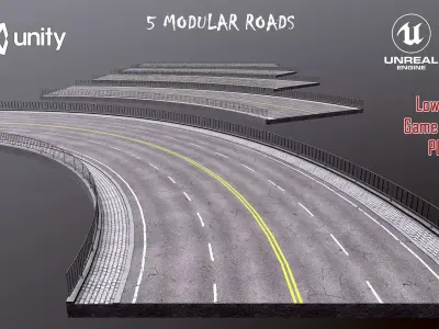 Modular Highway Roads PBR Low-poly 3D model