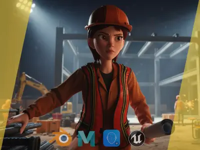 Stylized Female Construction Worker Rigged Builder in Safety Low-poly 3D model