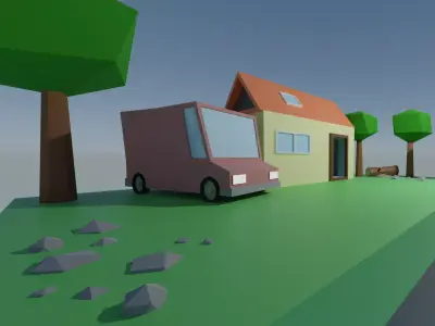 House LOW POLY on island with trees Low-poly 3D model