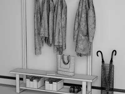 Hallway coat rack with clothes hanging 3D model