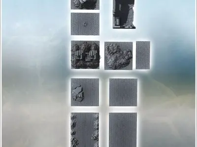 Set of urban ruins with debris car carcass and cobbled street 4  3D print model