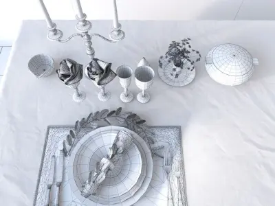 Tableware table setting with silverware and candlesticks 3D model