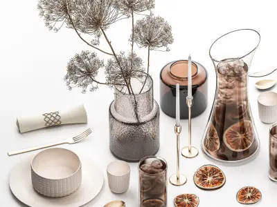 Table Setting With Bouquet And Carafe Of Iced Tea 3D model