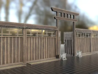 Japanese wooden modular fence  Low-poly 3D model