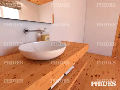 Bathroom with wood floors and mountains 3D model