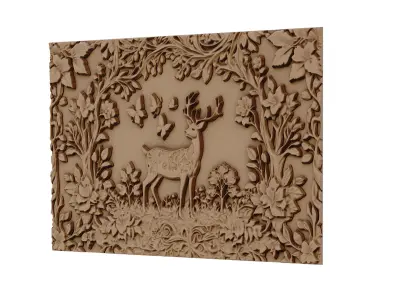decor set wall panel deer relief mural CNC 55 3D model