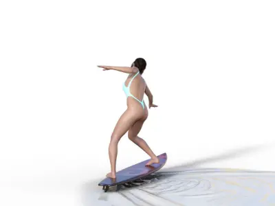 Girlsurfing woman in swimsuit on surfboard 3D model
