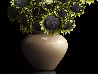 Realistic bouquet green sunflowers ceramic vase decor new 3D model