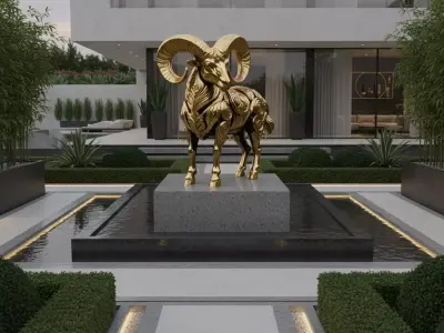 Golden Ram Sculpture Ornate Patterns Mythical Mountain Animal Low-poly 3D model