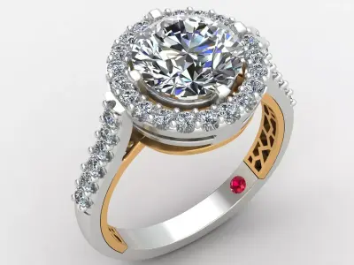 Diamond Halo Engagement Gold Ruby Ring 3D print model