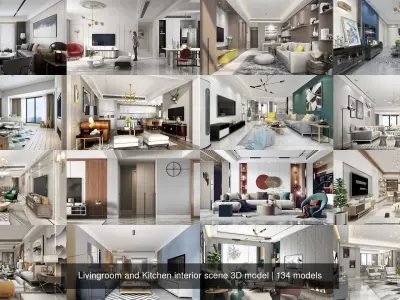 Livingroom and Kitchen interior scene 3D model 3D Model Collection