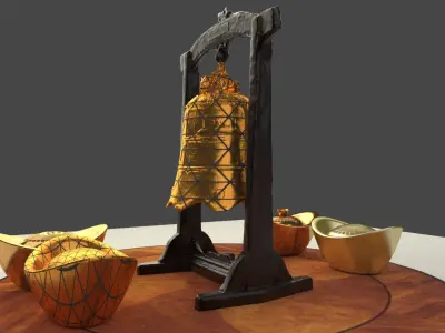 Chinese bell  with gold Ingot 3D model