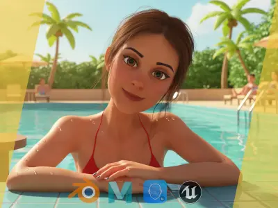 Stylized cartoon woman in bikini Low-poly 3D model