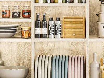 A cabinet with kitchen utensils dishes and decor 3D model