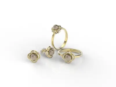 Ring and Earring of Pearls Classico flower 3D print model