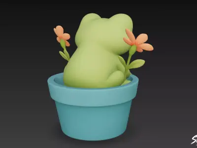 Frog in Flower Pot Low-poly 3D model