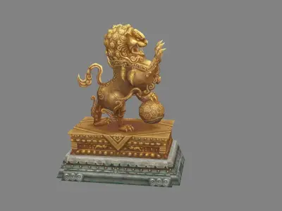 Golden lion sculpture - Asian lion sculpture Low-poly 3D model
