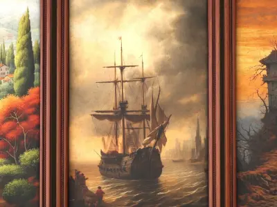 Four paintings with a frame Low-poly 3D model