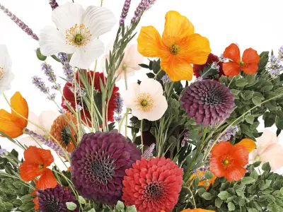 Realistic bouquet flowers poppy lavender branches vase 630 3D model