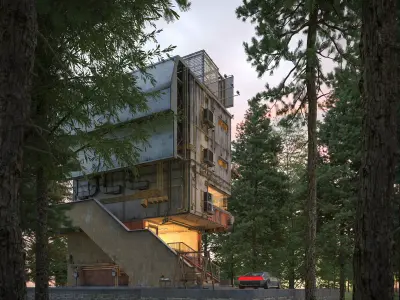 Futuristic Car with Forest Cabin Morning Scene 3D model