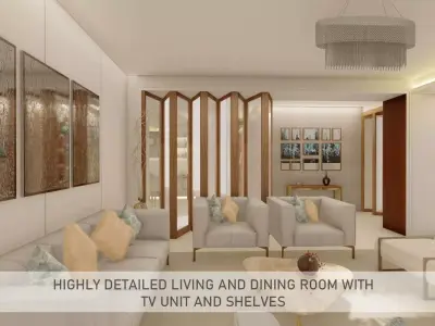 Highly detailed Living and dining room with tv unit and shelves 3D model