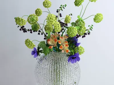 Viburnum Anemones Alstromeria and Fritilaria persica Bouquet 3D model