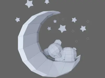 Low Poly Bear on the moon Model Origami  3D print model