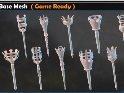 30 Torch Base Mesh Game Ready 10 wall base Low-poly 3D model