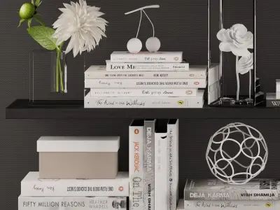 Decoration set 3 bookshelves with plants and flowers 3D model