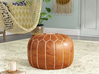 Cherise Genuine Leather Round Pouf Ottoman 3D model