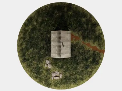 Bathhouse log cabin in middle of grassy field 3D model