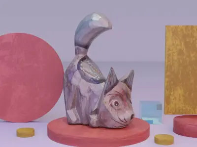 Cat wood statue 02 high-poly 3D model