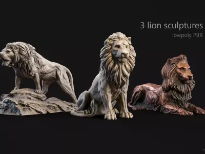 3 lions PBR lowpoly models collection