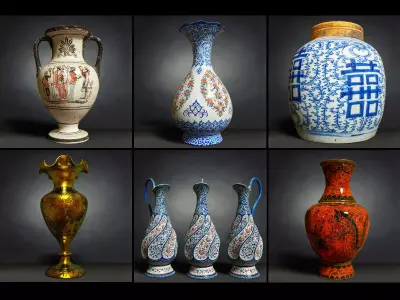 6 Vase Collection chinese Low-poly 3D model