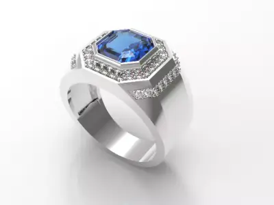 094 - Blue Sapphire Gents Ring - White Gold 3D print model