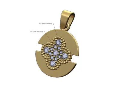 Diamond beaded flower cluster split round pendant with bail 3D print model