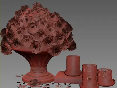 set1229 gold vase with flowers and candles 3D model