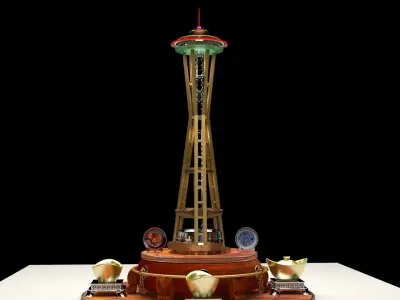 Chinese gold ingot with space needle 3D model