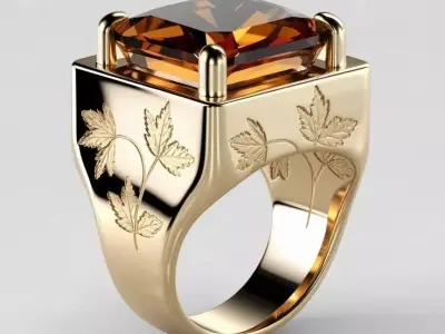 Luxury Amber Gem Ring 3D Jewerly Gold Leaf Engraving Square Low-poly 3D model