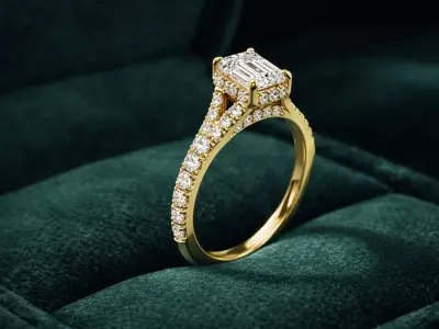 Emerald Cut Cathedral Ring Split Shank Hidden Halo CAD 3D print model