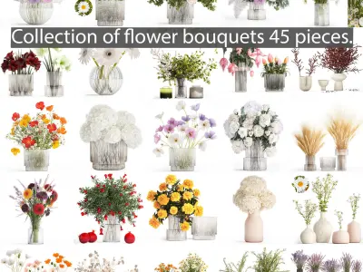 Collection of flower bouquets and vase set of 45 pieces 3D model